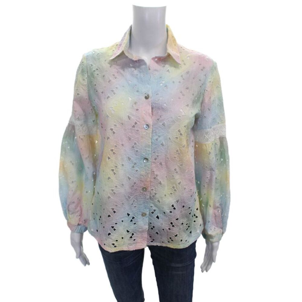 Temptation Positano Womens Cotton Floral Collared Long Sleeve Blouse Size S